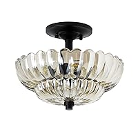 Crystal Chandelier Light Fixture, 3-Light Semi Flush Mount Ceiling Lighting, Round Amber Glass Shade, Damp Location Rated, Dimmer Switch Compatible，9