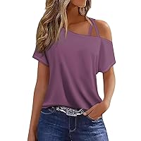 Crop Tops for Women,Off The Shoulder Tops for Women Short Sleeve One Shoulder Shirts Criss-Cross Solid Color Gradient Print Sexy Blouse Short Sleeved Tops Womens Cotton