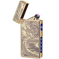 LcFun Plasma Lighter USB Type C Rechargeable Lighters Flameless Electric Lighter Windproof Dual Arc Lighter with LED Battery Indication for Candles, Outdoor Camping, Fireworks (Gold Dragon)