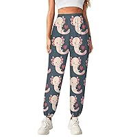 Cute Axolotl and Hearts Women's Casual Yoga Lounge Pants with Pockets High Waisted Workout Jogging Pant