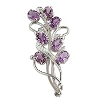 NOVICA Handmade Amethyst Floral Brooch Pin Artisan Jewelry .925 Sterling Silver Purple India Radiant Orchid Birthstone [2 in L x 0.8 in W] 'Mystic Bouquet'