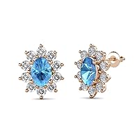 Oval Blue Topaz Diamond 4 1/4 Floral Womens Halo Stud Earrings 14K Gold