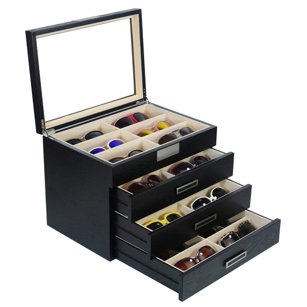 TIMELYBUYS Personalized 24 Piece Large Black Wood Eyeglass Sunglass 4 Level Glasses Display Case with Drawer Storage Box