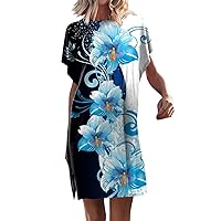 Summer Batwing Short Sleeve Split Side Swing Dress for Womens Casual Elegant Crewneck Beach T-Shirt Mini Sundress