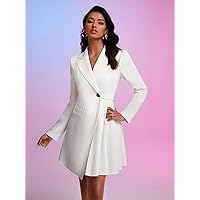 Women's Dress Dresses for Women Lapel Neck Single Button Dress (Color : White, Size : Medium)