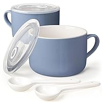Soup Bowls with Handles & Spoons, 30oz Ceramic Ramen Bowl with Lid, Large Soup Mugs/Cups for Instant Noodle, Big Cereal Bowls for Oatmeal, Soup Containers with Lids, Set of 2, Sky Blue