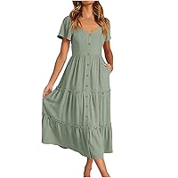 Women Summer Dresses Casual Short Sleeve Maxi Dresses V Neck Button Long Dress Tiered Ruffle Flowy Long Sundress