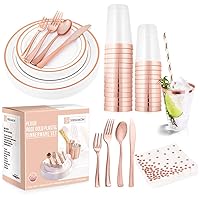 250 Piece Disposable Rose Gold Plastic Dinnerware Set - 50 Rose Gold Plastic Plates - 25 Rose Gold Plastic Silverware - 25 RoseGold Cups and Straws - 50 Fancy Napkins, Wedding or Party of 25