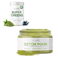 Teami Greens Superfood Powder & Detox Face Mask Duo - Ultimate Wellness and Glow Combo, Detox Bentonite Clay-Infused Face Masks