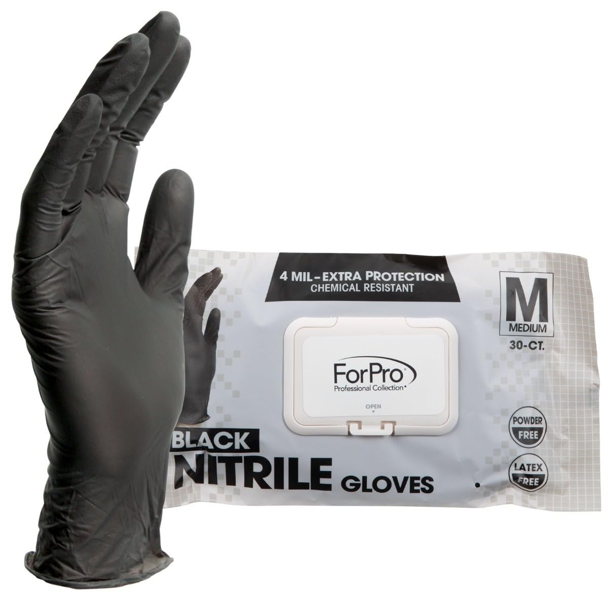 ForPro Disposable Nitrile Gloves, Chemical Resistant, Powder-Free, Latex-Free, Non-Sterile, Food Safe, 4 Mil, Black, Medium, 30-Count