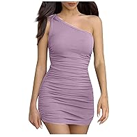 Sexy One Shoulder Ruched Bodycon Mini Dresses for Women Summer Slim Fit Sleeveless Short Dress Cocktail Party Dress Clubwear