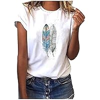 Women's Feather Print T-Shirt Vintage Graphic Tee Summer Casual Tops Short Sleeve Crewneck Loose Fit Tunic Blouses