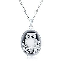 Personalize Simulated Black Onyx Carved Oval Branch Small Owl Cameo Pendant Necklace For Teen For Women .925 Sterling Silver Customizable