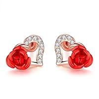 18K Heart Cubic Zirconia with Rose Flower Stud Earrings (Rose gold plated)