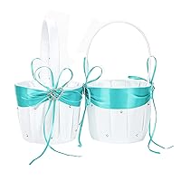 2Pcs Wedding Flower Girl Basket with Double Heart for Rustic Bridal Wedding Shower Ceremony Anniversary-Aqua Blue
