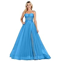 Women's Strapless Prom Dresses Long Sparkly Tulle 3D Applique Formal Dress with Pocket