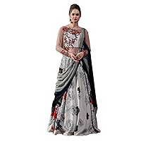 White Floral printed Indo Western Christian Wedding & Festival Silk Draped Gown Dress 1146