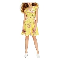 Women A-Line Dress Floral Smocked Flutter Sleeve Yellow XS