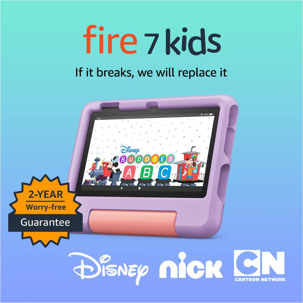 Amazon Fire 7 Kids Tablet (2022) - ages 3-7. 2 year worry-free guarantee, 10-hour battery, ad-free content, 1TB expandable storage, parental controls, durable high-resolution screen, kid-proof case with built-in kickstand, 32 GB, Purple