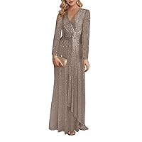 Women's Sequins Long Wedding Party Cocktail Dress Luxury Long Sleeve V-Neck Evening Dresses Gray