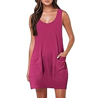 Summer Dresses for Women Beach Dress for Women 2024 Solid Color Classic Simple Loose Casual with Sleeveless Round Neck Pockets Dresses Hot Pink Large