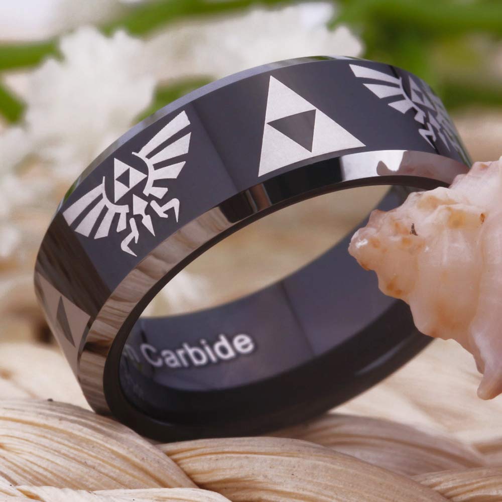 The Legend of Zelda Ring- Crest and Triforce Ring Black Tungsten Carbide Wedding Bands Ring FREE Custom Engraving
