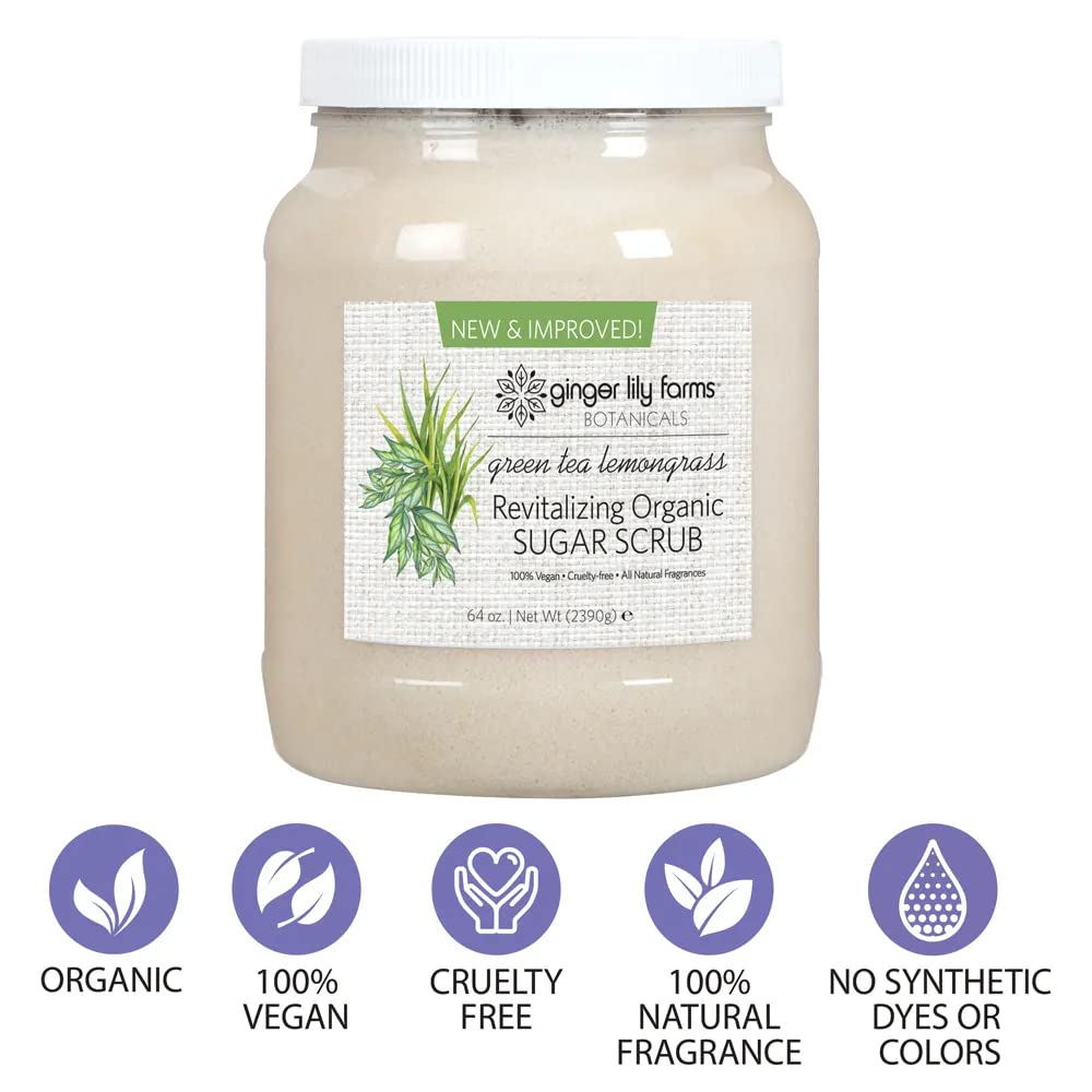 Ginger Lily Farms Botanicals Revitalizing Organic Sugar Scrub, All-Natural Skin Exfoliating Sugar Crystals, 100% Vegan & Cruelty-Free, Green Tea Lemongrass, 64 oz.