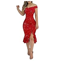 Fishtail Dresses for Women Midi Bodycon Dress Off Shoulder Short Sleeve O Neck Cocktail Dress Red