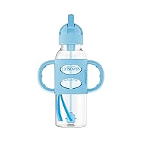 Dr. Brown's Milestones Narrow Sippy Straw Bottle, Spill-Proof with 100% Silicone Handles and Weighted Straw, 8 oz/250 mL, Blue, 6m+