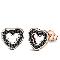 Lovely Heart Mickey Mouse 14K Black & Rose Gold Over 925 Sterling Sliver With Fashion Round Cut Black Cubic Zirconia Stud Earring For Teen Girls and Women's Valentine's Day Gift,Birthday Gifts