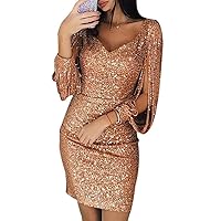 Andongnywell Womens Elegant Sequin Tassel Sleeve Bodycon Long Sleeve Sequins Fringe Dress Sexy Midi Dresses