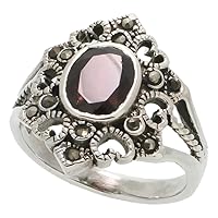 Sterling Silver Marcasite Hexagon-shaped Ring, w/Oval Cut Natural Garnet, 3/4 inch (21 mm) wide