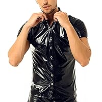 Leather T-Shirt for Men Wet Look Shiny Short Sleeve Club Party Latex Liquid Tops Clubwear Costume