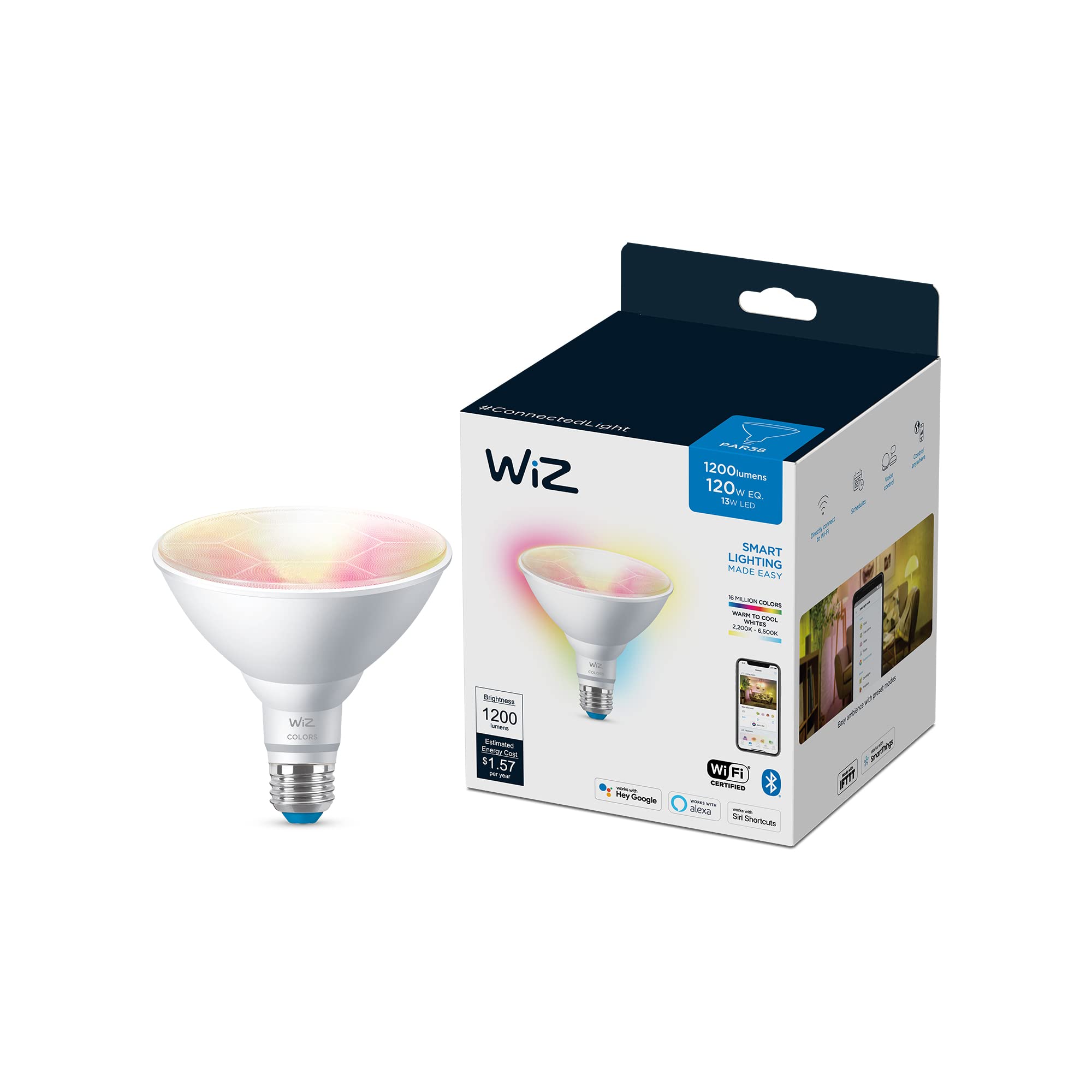 WiZ 120W PAR38 Color LED Smart Bulb - Pack of 1 - E26, Indoor/Outdoor - Connects to Your Existing Wi-Fi - Control with Voice or App - Works with Google Home, Alexa & Siri Shortcuts