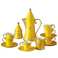 DFHBFG 15Pcs European Style Yellow Pigmented Relief Texture Tea Pot Cups and Saucers Dinnerware Set Gift for Wedding (Color : D)