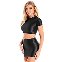 Women's Glossy 2 Pieces Set Short Sleeve Crop Tops and Mini Skirts Nightclub Outfits