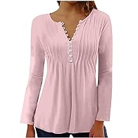 Women's Long Sleeve Blouses Casual Button Down V Neck Shirts Tops Loose Flowy Hide Belly Tunic Blouses for Leggings
