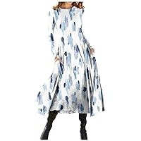 Women's Wedding Guest Dress Plus Size Casual Printed Round Neck Pullover Slim Fitting Long Dress Sweater, S-3XL