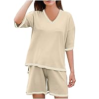 Womens Color Block Sets Loose Beach 2Piece Outfits Summer Short Sleeve V Neck Slit Side Tee Tops & Shorts Lounge Set