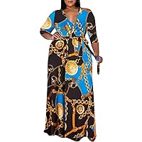 MAYFASEY Women's Plus Size Wrap V Neck 3/4 Sleeve Long Evening Dress Cocktail Party Casual Long Maxi Dresses with Belt