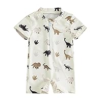 Gueuusu Toddler Baby Boys Summer Swimsuit Short Sleeve Tropical Tree/Shark/Dinosaur Print Zipper Jumpsuit Rash Guard Swimwear
