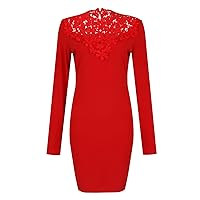 Midi Dresses for Women Solid Color Lace Patchwork Slim Fit Fashion with Long Sleeve Round Neck Pencil Dress