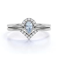 10k 14k 18k Gold Natural Diamond and Aquamarine Wedding Ring Set 0.5ct Pear Natural Sky Blue Aquamarine Ring Set Minimalist Teardrop Aquamarine Diamond Ring Set for Women