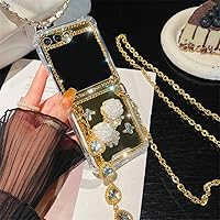 Omio Designed for Samsung Galaxy Z Flip 5 Mirror Case with Crossbody Lanyard Luxury 3D Sparkle Crystal Diamond Bling Glitter Flower Cute Slim Makeup Phone Case for Galaxy Z Flip 5 Women Girls, Gold