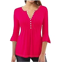 Womens Button Down Shirts Solid Color Tunic Summer Tops Dressy Casual Bell 3/4 Sleeve V Neck Spring Dressy Blouses