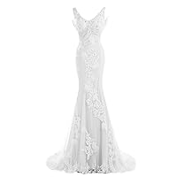 Designer Wedding Party Dress Evening Gown V-Neck Mermaid Floral Lace Size 2- White