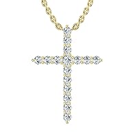 14k Yellow Gold archetypical cross pendant set with 16 glistening round white diamonds (1/4 ct t.w, H-I Color, I1 Clarity), suspended on a 18