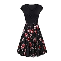 GRASWE Women's Casual Floral Printed Pleated Dress Slim Wrap A Line Swing Dress