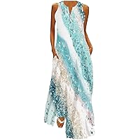 Trendy Color Block Maxi Dress Women High Waist V Neck Sleeveless Beach Tank Dress Summer Casual Elegant Sundress