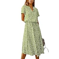 BROVAVE Women's Summer Polka Dot Print Shirt Dress Vintage Short Sleeve Button Down Midi Dress